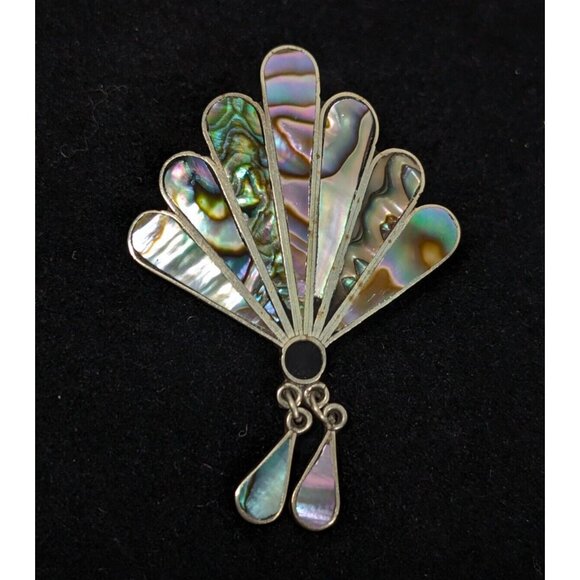 alpaca Jewelry - Vintage Alpaca Mexico Abalone Shell Onyx Inlay Fan Charm Brooch Pin Signed